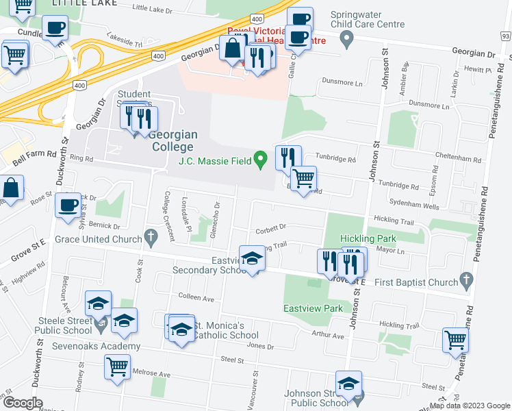 map of restaurants, bars, coffee shops, grocery stores, and more near 102 Hickling Trail in Barrie