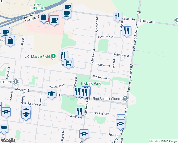 map of restaurants, bars, coffee shops, grocery stores, and more near 234 Johnson Street in Barrie