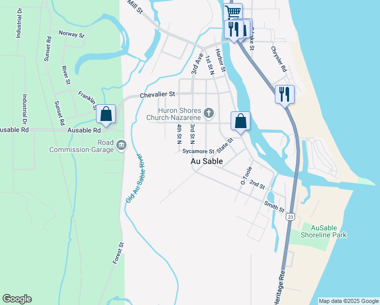 map of restaurants, bars, coffee shops, grocery stores, and more near Sycamore St in Au Sable Charter Township