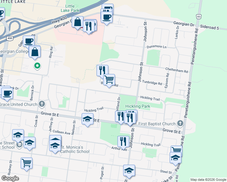 map of restaurants, bars, coffee shops, grocery stores, and more near 169 Hickling Trail in Barrie