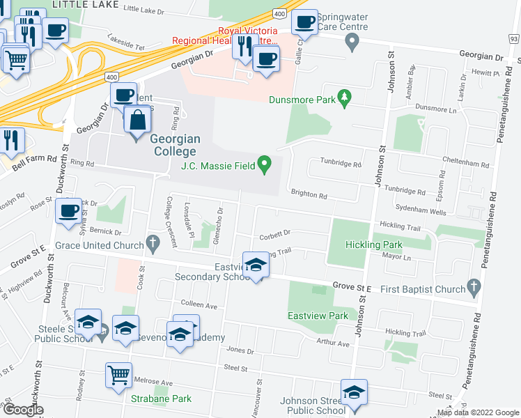 map of restaurants, bars, coffee shops, grocery stores, and more near 104 Hickling Trail in Barrie