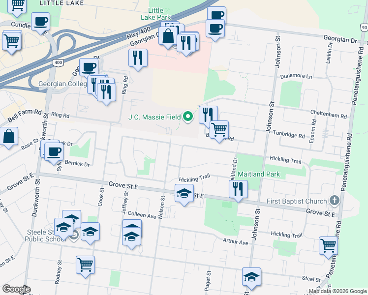 map of restaurants, bars, coffee shops, grocery stores, and more near 107 Hickling Trail in Barrie