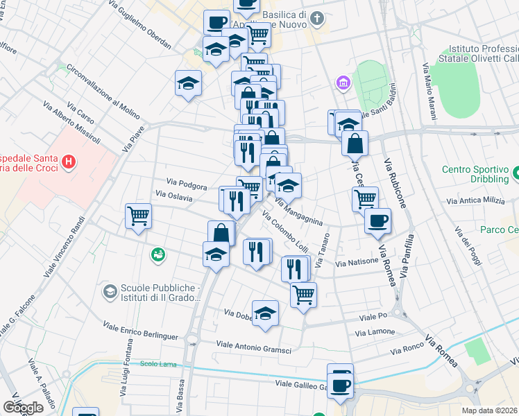 map of restaurants, bars, coffee shops, grocery stores, and more near 19 Vicolo Capannetti in Ravenna