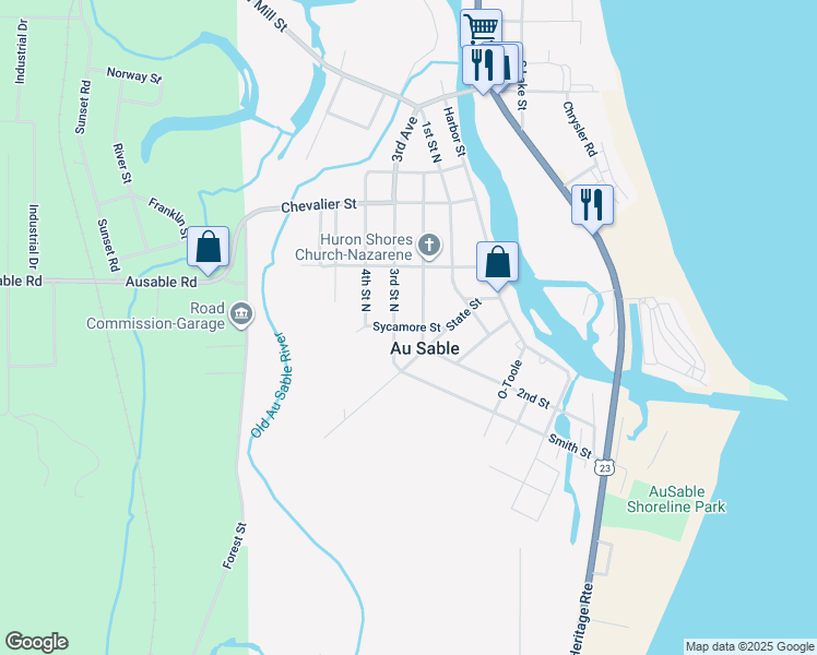 map of restaurants, bars, coffee shops, grocery stores, and more near Sycamore Street in Au Sable Charter Township