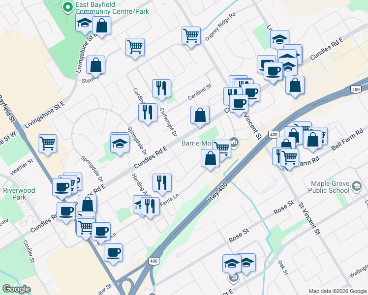 map of restaurants, bars, coffee shops, grocery stores, and more near 28 Collete Crescent in Barrie