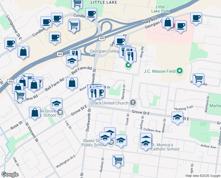 map of restaurants, bars, coffee shops, grocery stores, and more near 23 Bernick Drive in Barrie