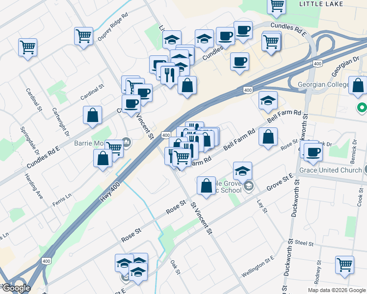 map of restaurants, bars, coffee shops, grocery stores, and more near Alliance Boulevard in Barrie