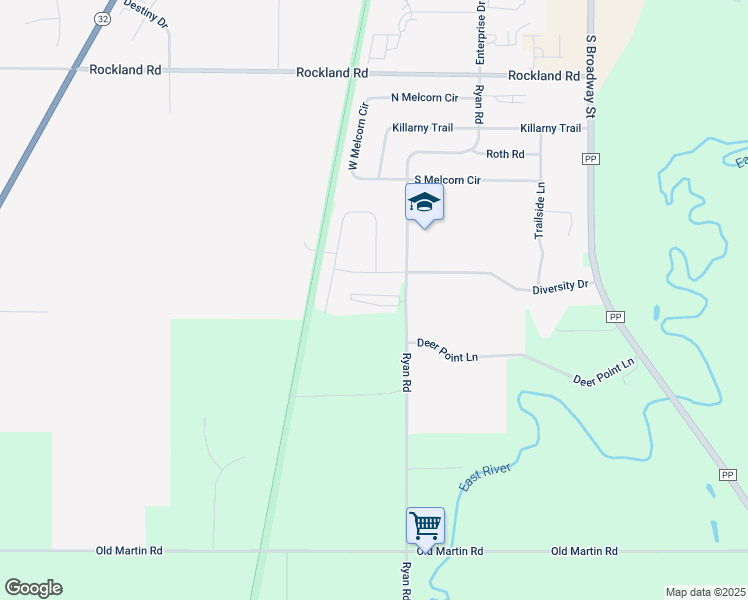 map of restaurants, bars, coffee shops, grocery stores, and more near 3030 Ryan Road in De Pere