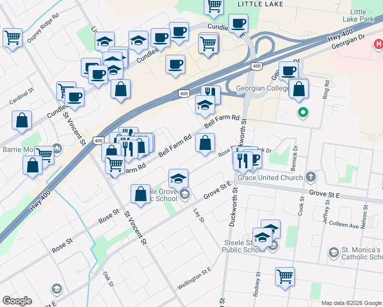 map of restaurants, bars, coffee shops, grocery stores, and more near 24 Roslyn Road in Barrie