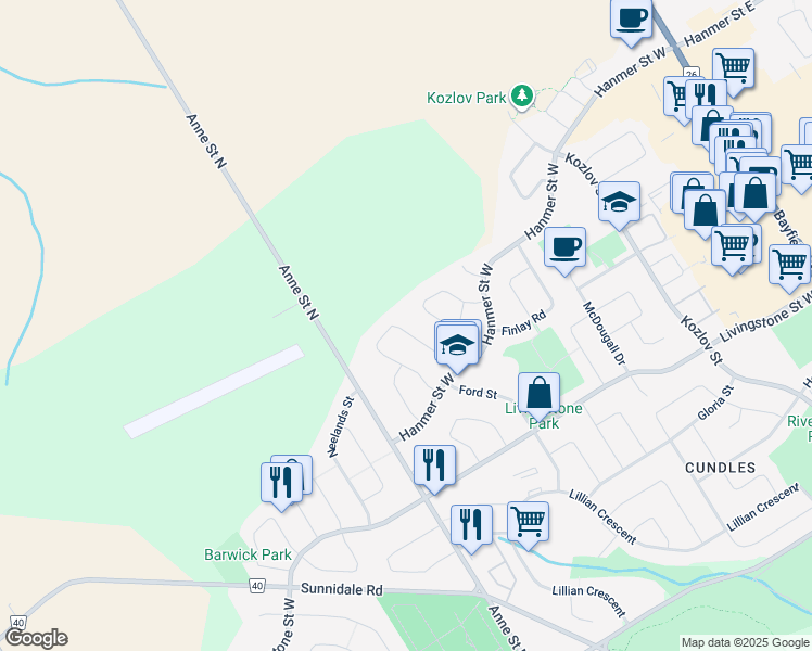 map of restaurants, bars, coffee shops, grocery stores, and more near 46 Laidlaw Drive in Barrie
