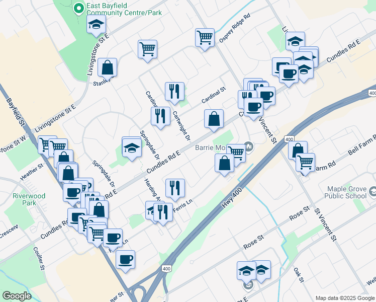map of restaurants, bars, coffee shops, grocery stores, and more near 23 Janine Street in Barrie