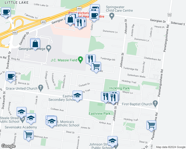 map of restaurants, bars, coffee shops, grocery stores, and more near 153 Hickling Trail in Barrie