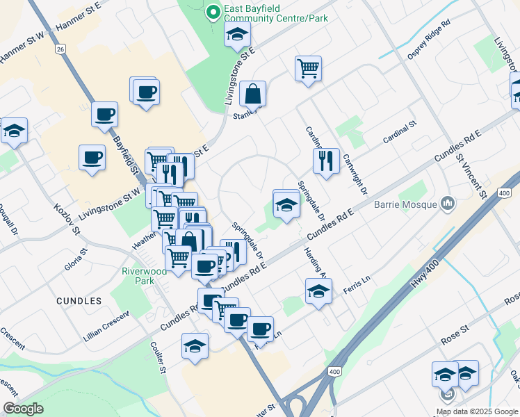 map of restaurants, bars, coffee shops, grocery stores, and more near 15 Ashdale Court in Barrie