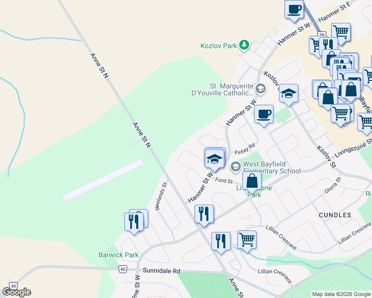 map of restaurants, bars, coffee shops, grocery stores, and more near 56 Laidlaw Drive in Barrie