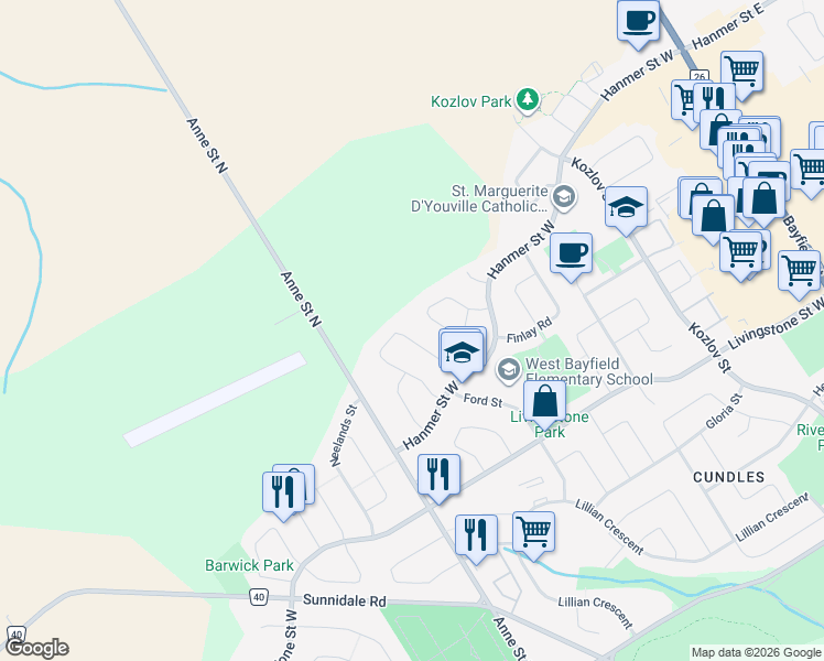 map of restaurants, bars, coffee shops, grocery stores, and more near 46 Laidlaw Drive in Barrie