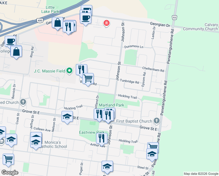 map of restaurants, bars, coffee shops, grocery stores, and more near 92 Brighton Road in Barrie