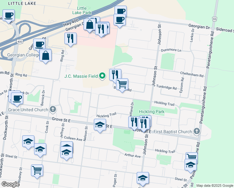 map of restaurants, bars, coffee shops, grocery stores, and more near 151 Hickling Trail in Barrie