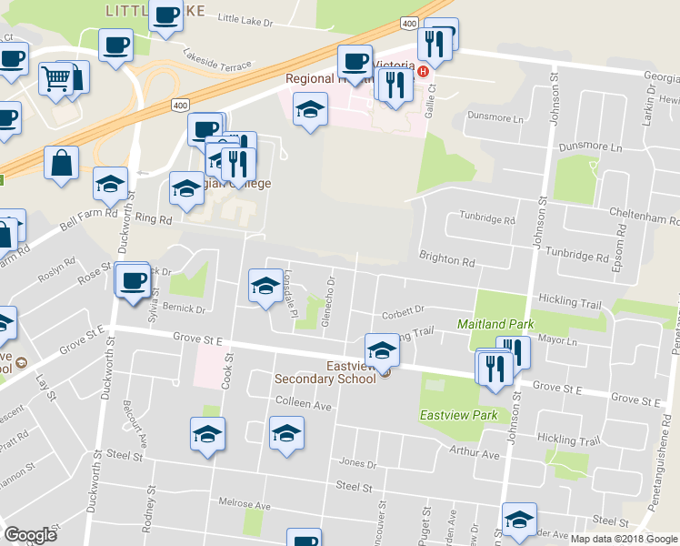 map of restaurants, bars, coffee shops, grocery stores, and more near 110 College Crescent in Barrie
