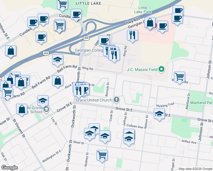 map of restaurants, bars, coffee shops, grocery stores, and more near 61 Bernick Drive in Barrie