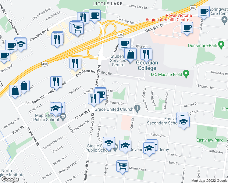 map of restaurants, bars, coffee shops, grocery stores, and more near 33 Bernick Drive in Barrie
