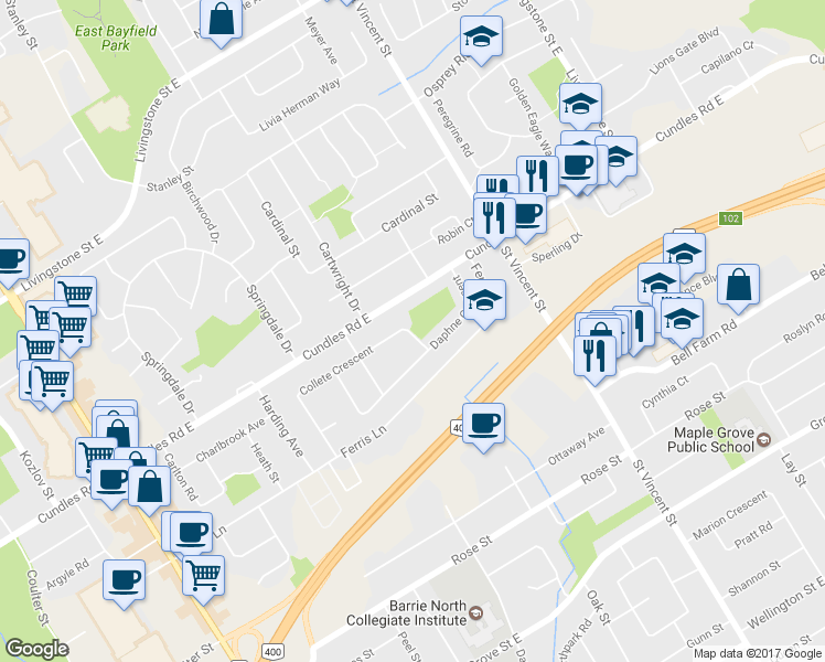 map of restaurants, bars, coffee shops, grocery stores, and more near 10 Collete Crescent in Barrie