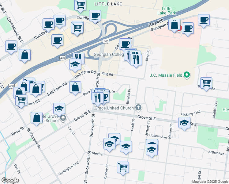 map of restaurants, bars, coffee shops, grocery stores, and more near Bernick Drive in Barrie