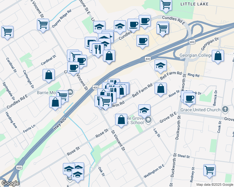 map of restaurants, bars, coffee shops, grocery stores, and more near in Barrie