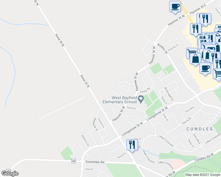 map of restaurants, bars, coffee shops, grocery stores, and more near 56 Laidlaw Drive in Barrie