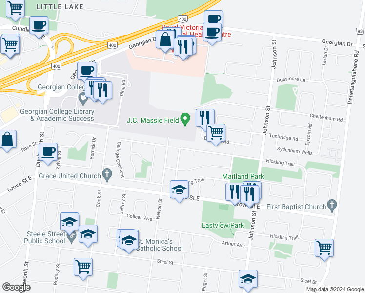 map of restaurants, bars, coffee shops, grocery stores, and more near 113 Hickling Trail in Barrie