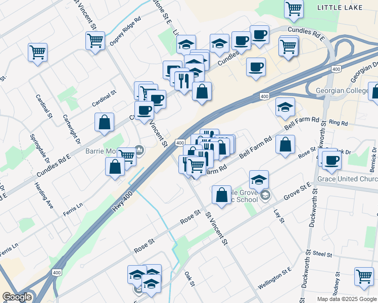 map of restaurants, bars, coffee shops, grocery stores, and more near 18 Alliance Boulevard in Barrie
