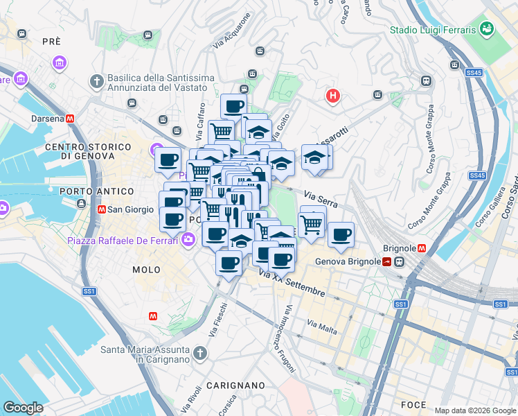 map of restaurants, bars, coffee shops, grocery stores, and more near 12 Galleria Errico Martino in Genova