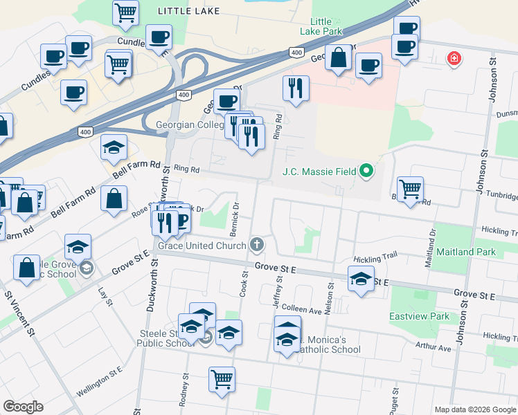 map of restaurants, bars, coffee shops, grocery stores, and more near 277 Cook Street in Barrie