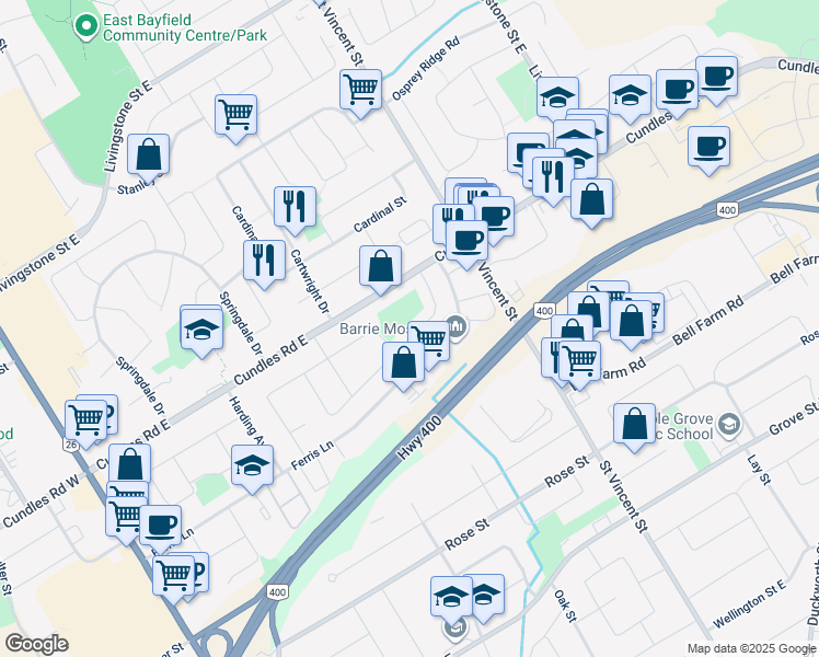 map of restaurants, bars, coffee shops, grocery stores, and more near 106 Daphne Crescent in Barrie