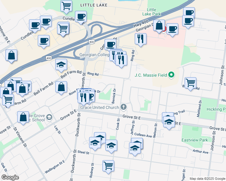 map of restaurants, bars, coffee shops, grocery stores, and more near 59 Bernick Drive in Barrie
