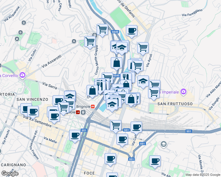 map of restaurants, bars, coffee shops, grocery stores, and more near 2 Corso Monte Grappa in Genoa