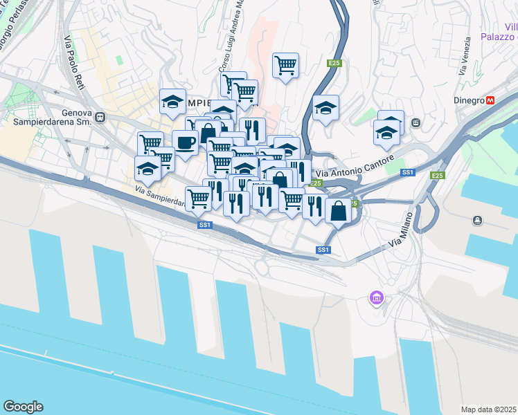 map of restaurants, bars, coffee shops, grocery stores, and more near 28 Via di Francia in Genoa