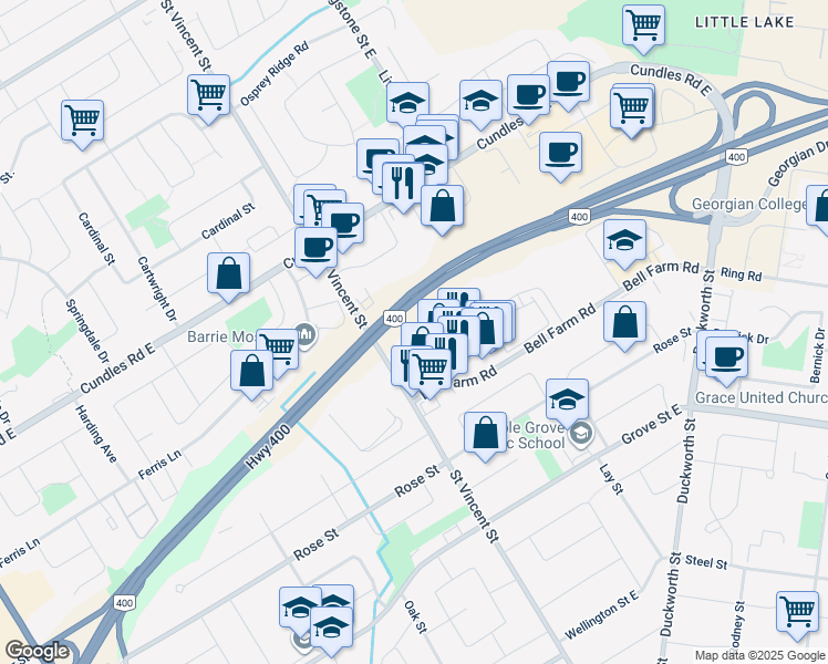 map of restaurants, bars, coffee shops, grocery stores, and more near 18 Alliance Boulevard in Barrie