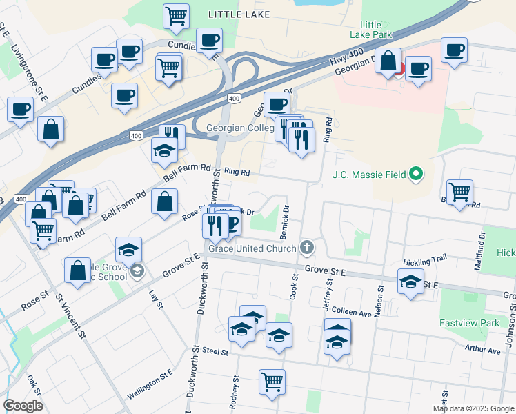 map of restaurants, bars, coffee shops, grocery stores, and more near 26 B Bernick Drive in Barrie
