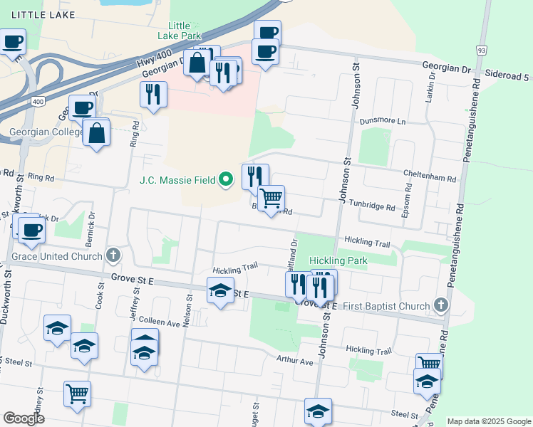 map of restaurants, bars, coffee shops, grocery stores, and more near 48 Brighton Road in Barrie