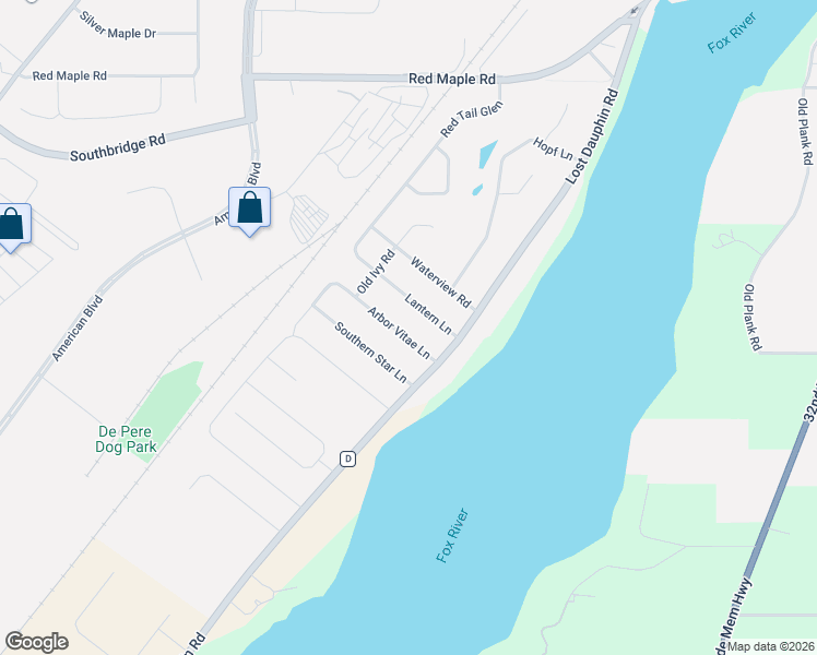 map of restaurants, bars, coffee shops, grocery stores, and more near 336 Arbor Vitae Lane in De Pere