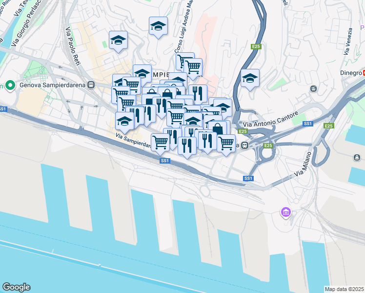 map of restaurants, bars, coffee shops, grocery stores, and more near 44 Via Giacomo Buranello in Genova