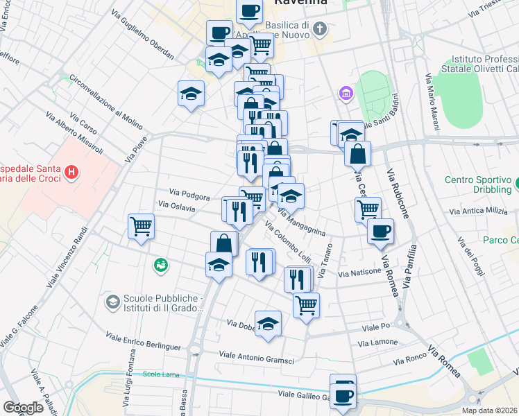 map of restaurants, bars, coffee shops, grocery stores, and more near 19 Vicolo Capannetti in Ravenna
