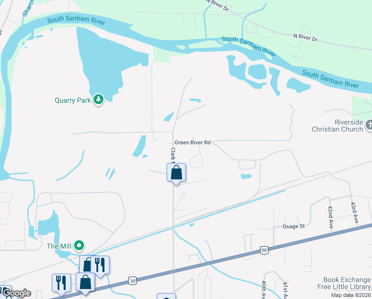 map of restaurants, bars, coffee shops, grocery stores, and more near 3681 Green River Road in Sweet Home