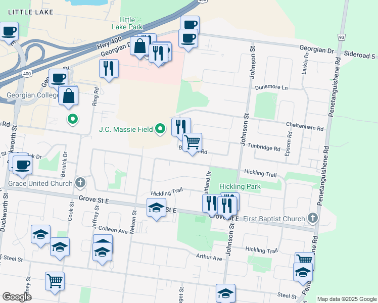 map of restaurants, bars, coffee shops, grocery stores, and more near 153 Hickling Trail in Barrie