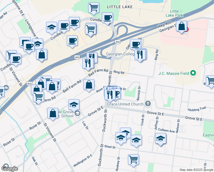 map of restaurants, bars, coffee shops, grocery stores, and more near in Barrie