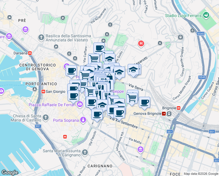 map of restaurants, bars, coffee shops, grocery stores, and more near 12 Galleria Errico Martino in Genova