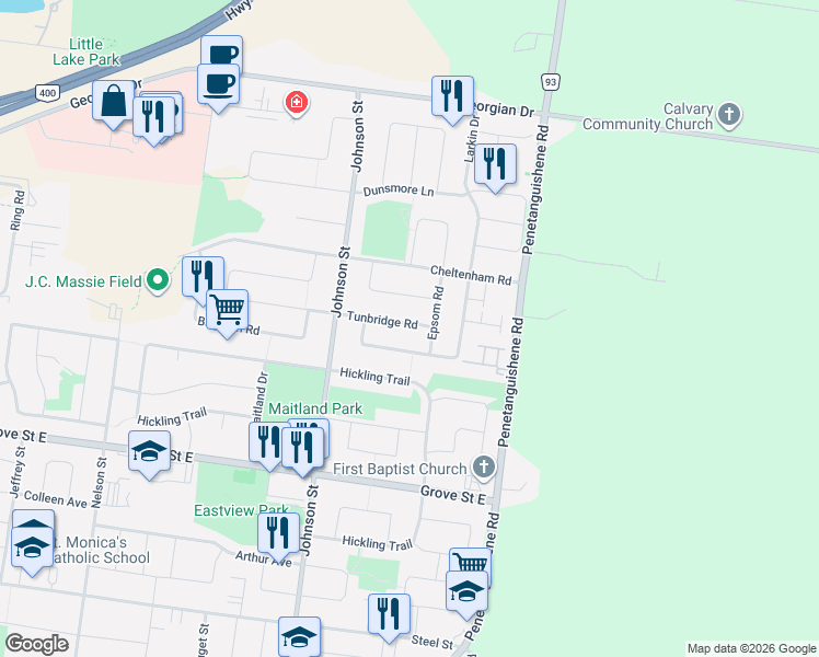 map of restaurants, bars, coffee shops, grocery stores, and more near in Barrie