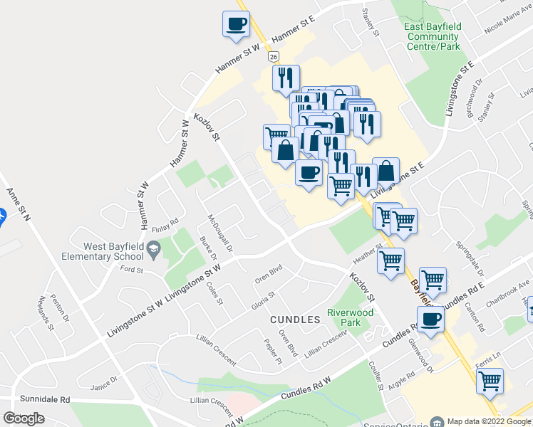 map of restaurants, bars, coffee shops, grocery stores, and more near 165 Kozlov Street in Barrie
