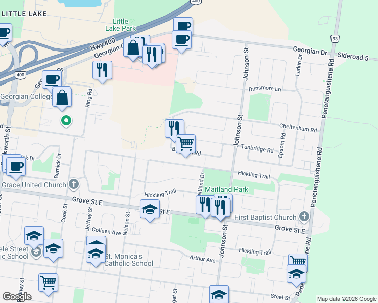 map of restaurants, bars, coffee shops, grocery stores, and more near Brighton Road in Barrie