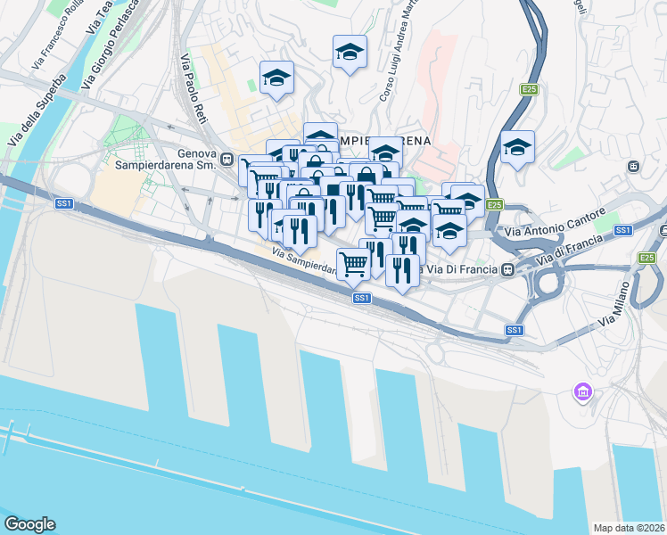 map of restaurants, bars, coffee shops, grocery stores, and more near 1037 Via San Pier d'Arena in Genova